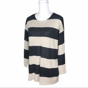 Eileen Fisher organic linen tan black stripe sweater XS extra small
